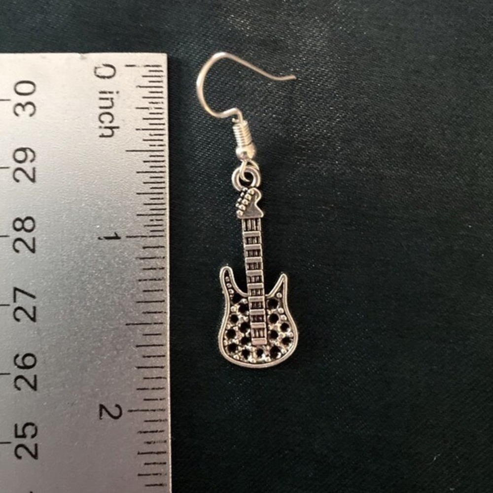 Tibetan Silver Detailed Guitar Hook Earrings-Gift Music Artist Rockstar Musician - Picture 4 of 4